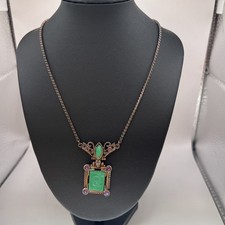 Vintage Victorian Revival Gothic Cameo Necklace Green Glass Rhinestone 19