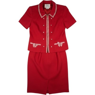 Rickie Freeman Teri Jon Red 2 Piece Skirt Suit VTG Gingham Trim Cotton Size 6