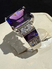 Stunning Amethyst Cocktail Ring With Emerald Cut Main  CZ Accents Size 9