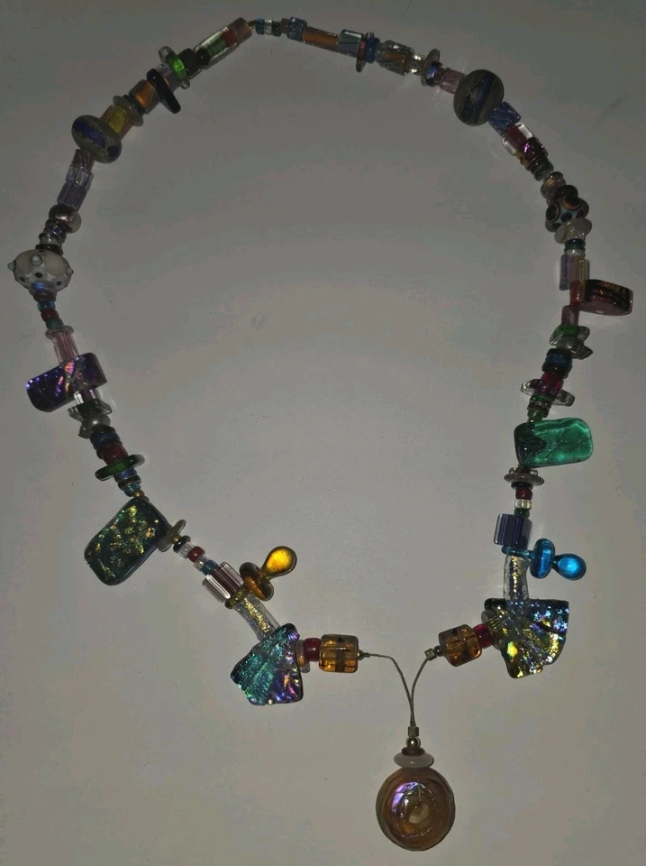 One-of-a-Kind Dichroic Glass Artisan Beaded Necklace Heavy Chunky Folk Art - Image 2 of 4