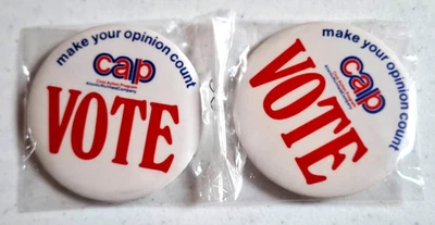 CIVIC ACTION PROGRAM CAP Lot Of 2 Pinback Buttons, VOTE Opinion Counts, Atlantic - Image 1 of 3