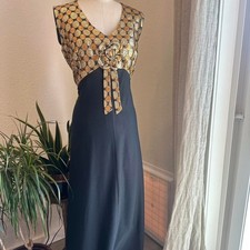 Vintage Women  s Large Gown Black Gold Metallic Evening Gown Sleeveless Dress