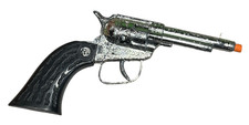 Vintage Cap Gun Pistol Toy Chrome Silver With Black Handle 9" Western Cowboy