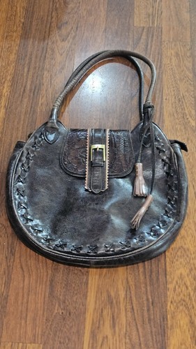 Berge Italian Tooled Leather Bag Brown Women Handbag Medium VTG Boho Satchel - Image 1