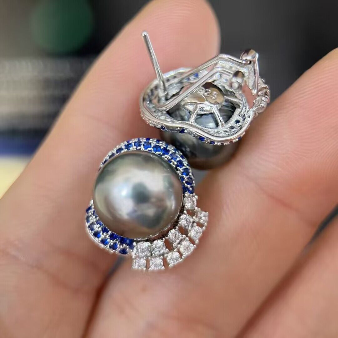 stunning 1011mm tahitian round black green pearl stud earring 925s eBay