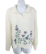 Alfred Dunner Sweater Size PXL Floral Embroidered True Vintage Collared Cream