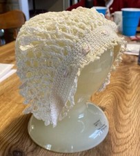 Vntg Child  s Tatted Christening Cap Cream/ Pink Flowers Fits Size 18  Diameter