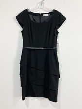 NWT Calvin Klein Women Layered Ruffle Bottom Black Dress Cap Sleeve Size 8