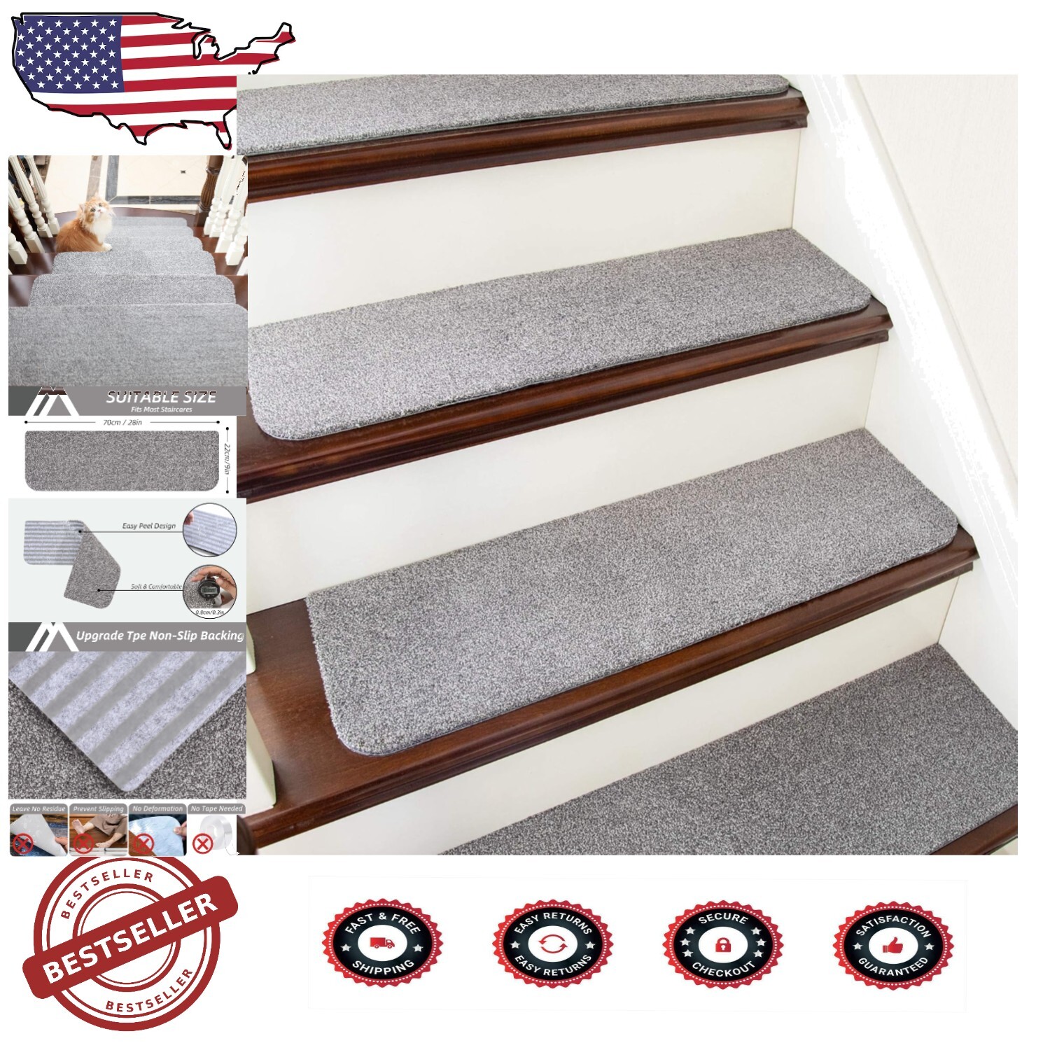 Non-Slip Stair Treads - 10pc Washable Carpet Runners for Safety & Style
