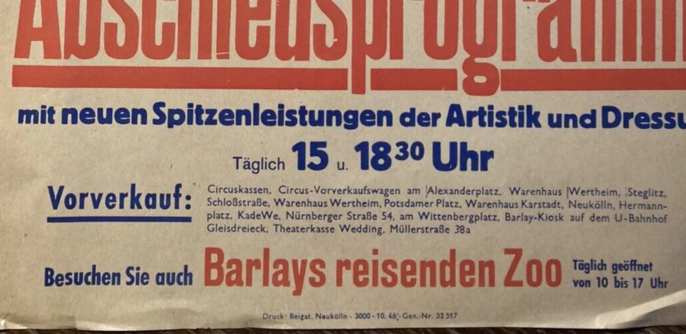 Werbung Plakat CIRCUS BARLAY Oktober 1946 Berlin TOP Zirkus Beigat Zoo Artistik - Bild 4 von 4