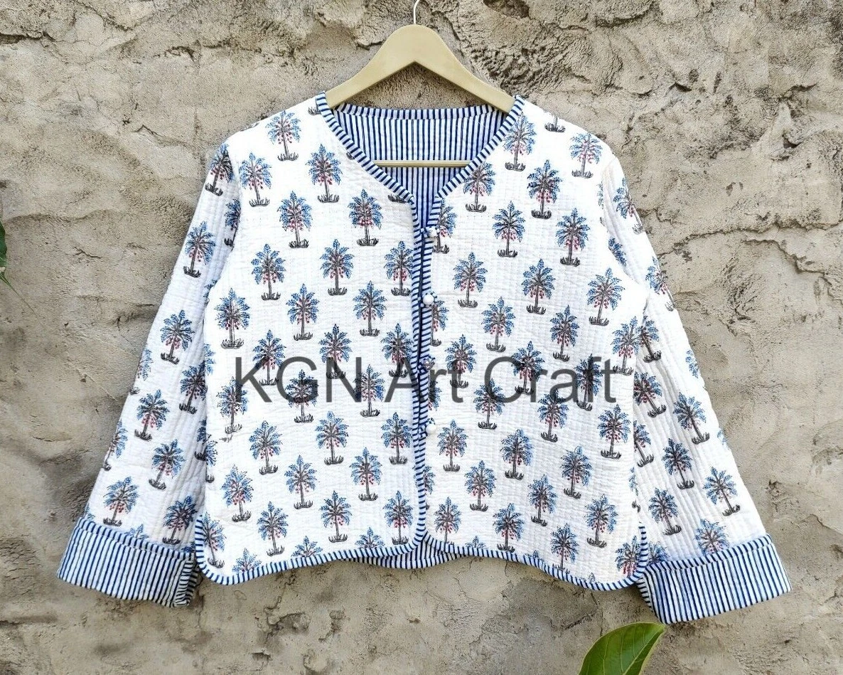 Cotton Reversible Jacket Women Handmade Quilted Coat Block Print Indian Jacket