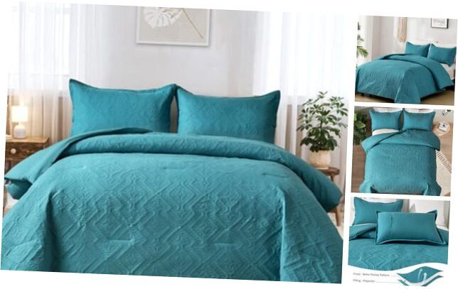 Comforter Set Size(90“×90”), Boho Geometric Textured Bedding Queen Teal-image