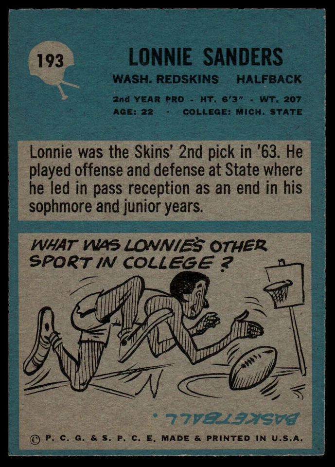 1964 Philadelphia #193 Lonnie Sanders - Image 2 of 2