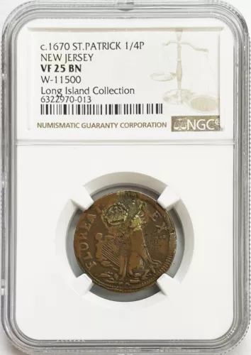 1670 NEW JERSEY COLONIAL ST. PATRICK FARTHING  W-11500 NGC VF 25 BN