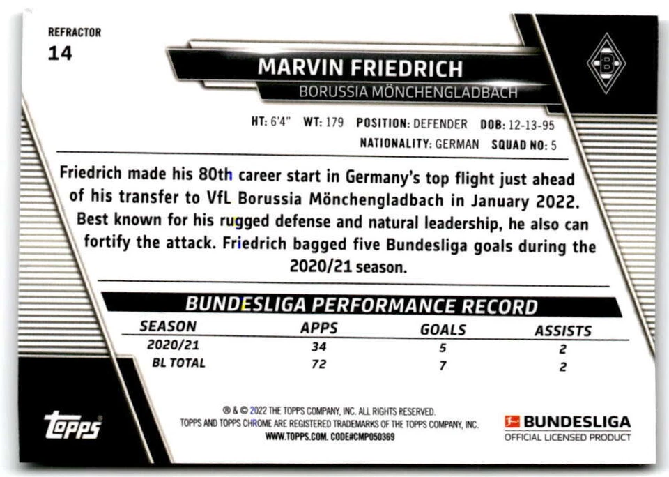 2021 Topps Chrome Bundesliga Refractor #14 Marvin Friedrich  VfL Borussia - Image 2 of 2