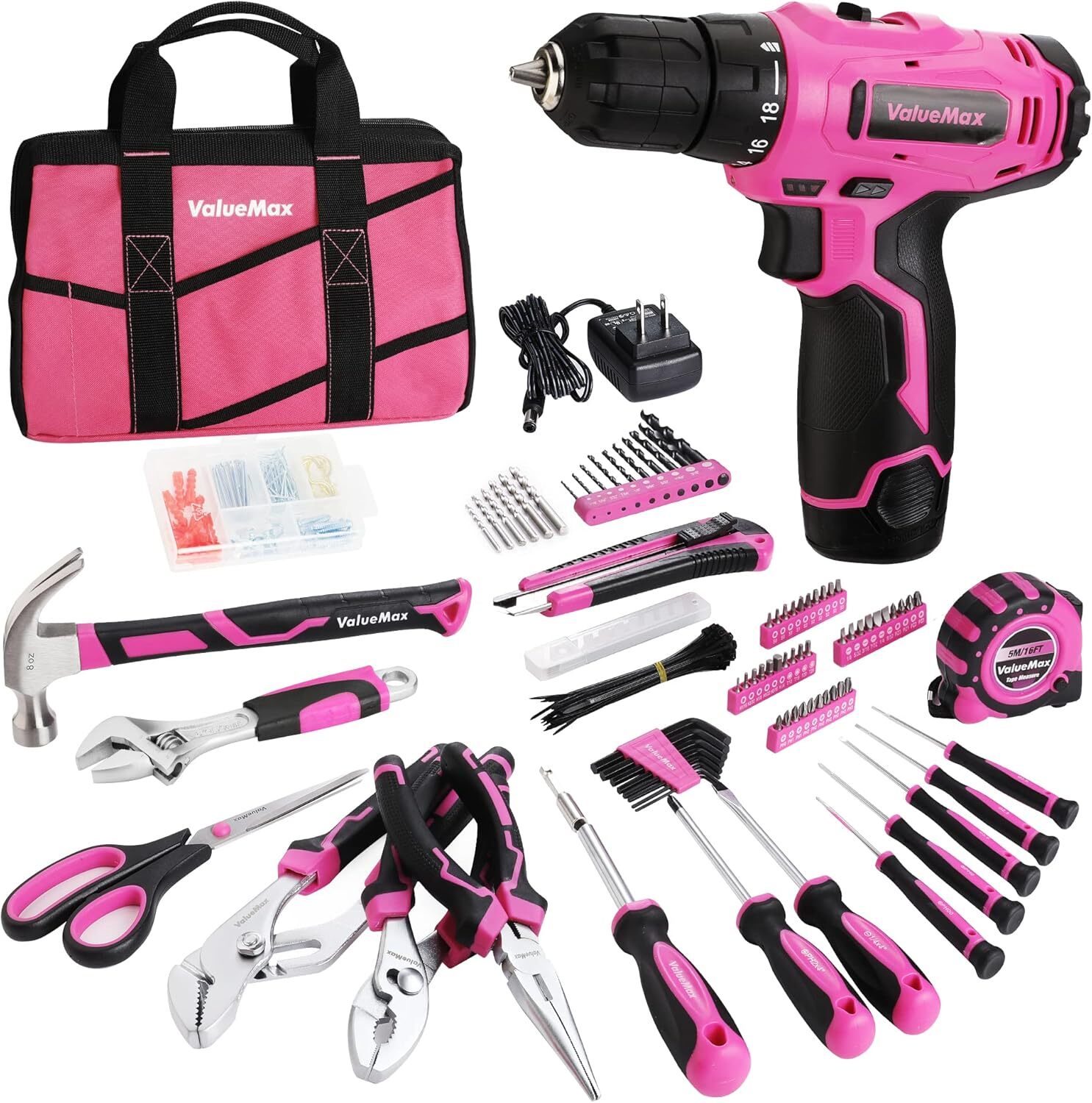 233-Pieces Pink Tool Set with 12V Cordless Lithium-ion Drill, Power Tool Set
