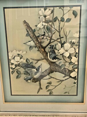 Vintage c-1960 Basil Ede Lithograph 3D White Breasted Nuthatches Framed Signed