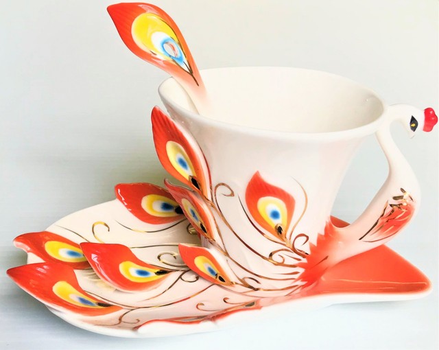 Peacock Porcelain Coffee Tea Cup Gift Set Saucer Cup Spoon For