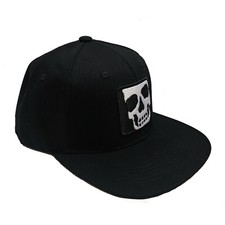 Skull Embroidered Black Flat Bill Snapback Cap