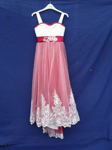 Girls Bridesmaid Dress Red  Ivory Lace Bows Party  Wedding Dresses Princess 8yr - Picture 1 of 17
