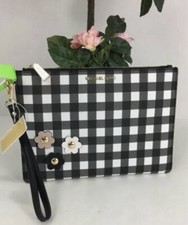 Michael Kors Leather Zip Pouch Clutch Daisy Stud Black White Wristlet NWT 158