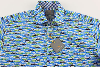 Men's THOMAS DEAN Blue Green White Volkswagen Beetle Bug Shirt Small S NEW NWT