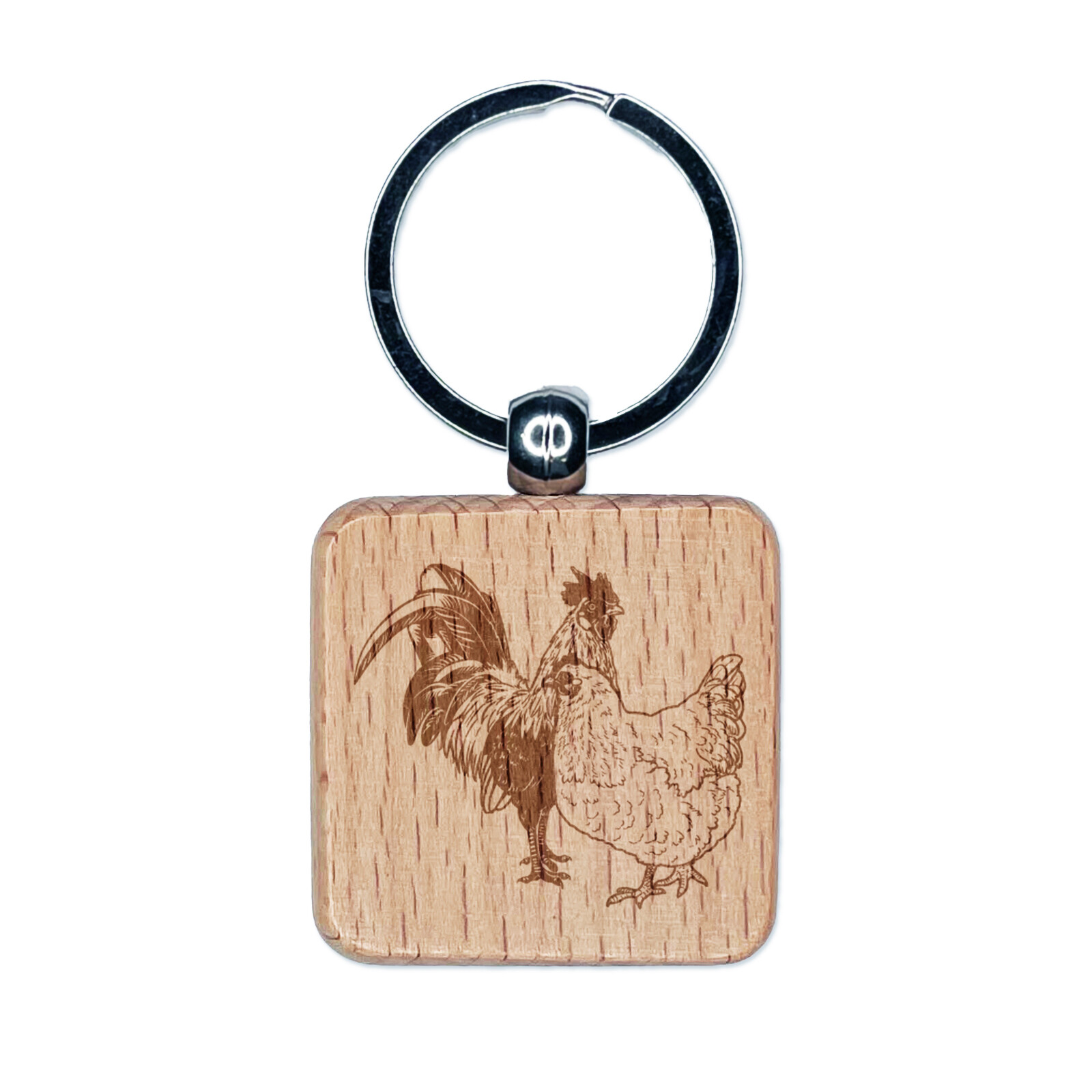 Llavero cuadrado de madera grabada para pareja de gallos y gallinas con etiqueta
