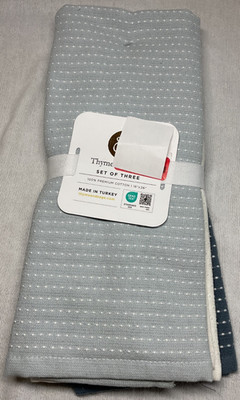 THYME & SAGE KITCHEN TEA TOWELS (3) BLUE WHITE DOTS TURKISH COTTON NWT