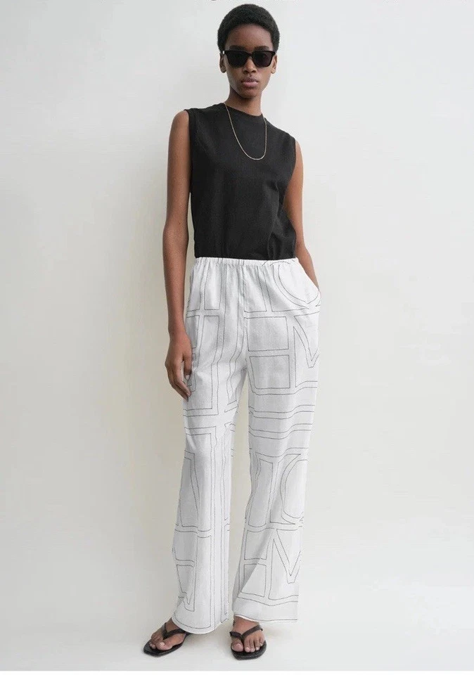 Toteme монограмма вышитые брюки брюки белый черный ЕС 38 США 6 $480