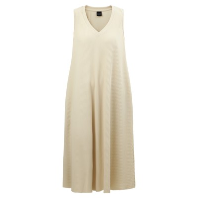 Kleid Plissee Damen modisch beige lang ohne Arm Taschen