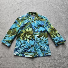 Chico's Jacket 1 M/8 Blue Green Leaf Print 3/4 Sleeves Mandarin Collar READ