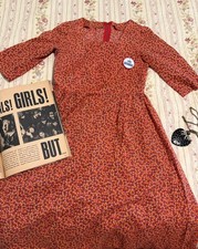 True Vintage 60s 70s Red Ditsy Floral Prairie Midi Dress Girls 10-12 Med Large