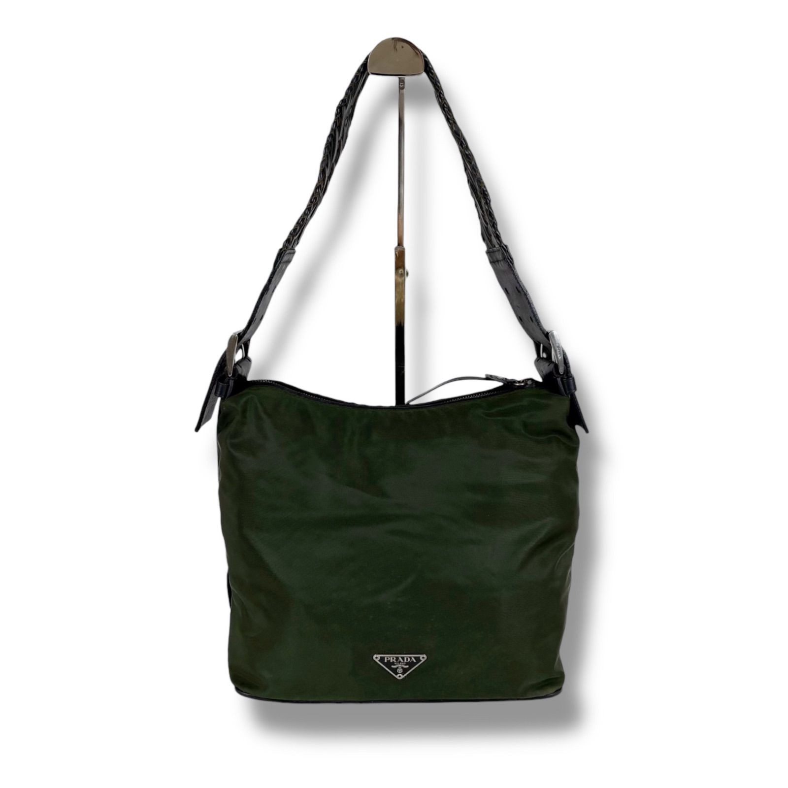 PRADA Triangle Logo Khaki Green Tessuto Nylon Leather Shoulder Bag Vintage