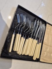 6 x Vintage  H.H EPNS  Faux Bone Handled Fish Knives & Forks Cutlery