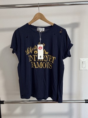 Wildfox Internet Famous Distressed Graphic T-Shirt Navy Gold Medium