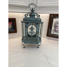 Green with White Wash Shabby-chic Metal Lantern. Vintage On Curved Legs