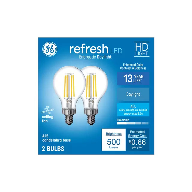GE Refresh HD LED 60 Watt Replacement, Daylight, A15 Ceiling Fan Bulbs (2 Pack)