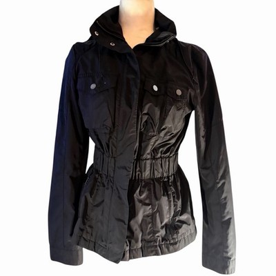Zara Black Hooded Button-Front Jacket w/ Pockets Elastic Waist Short