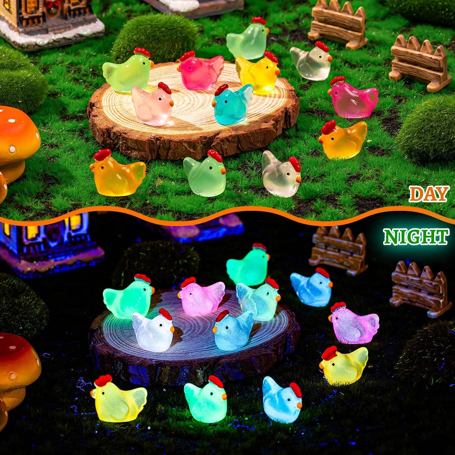 64PCS Luminous Mini Chicken Figurines Resin Miniature Animals, 8 Colors Tiny... 