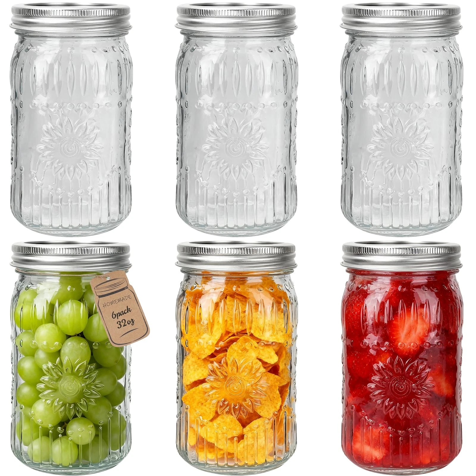 6 Pack 32oz Glass Mason Jars with Silver Two-Piece Lids - Wide Mouth Jars, 1 ...
