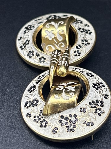 Walter Lampl Vintage Rare 1940s Black Enamel Flowers Gold Tone Pin Brooch Signed - Picture 5 of 11