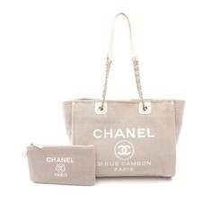 Chanel Canvas Leather Deauville Tote Bag Women Beige One Size