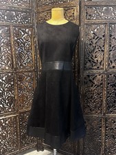 Calvin Klein Black SuedeSleeveless A-Line Dress with Faux Leather Trim