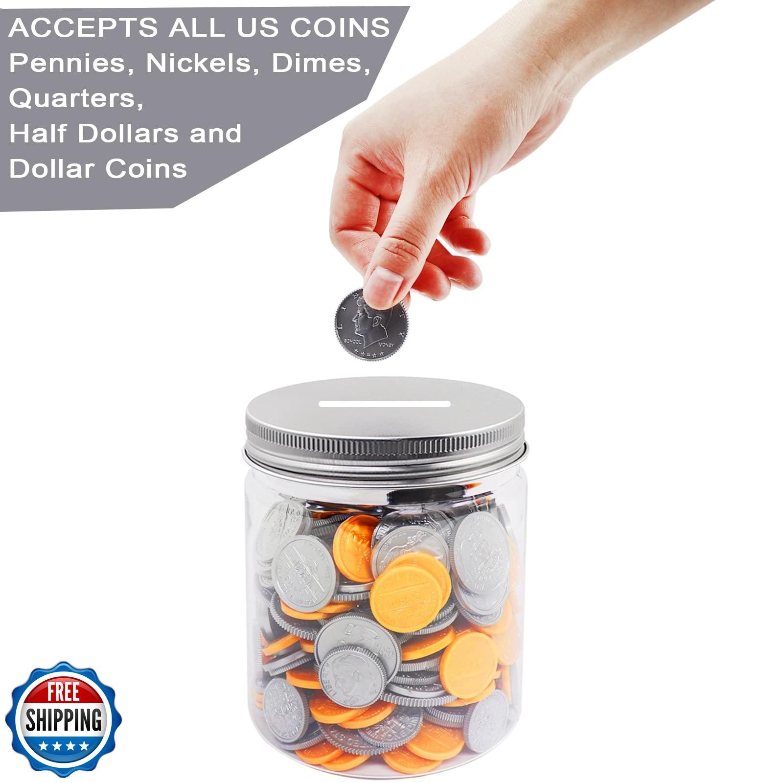 Mczxon Small Coin Bank Jars 4-Pack, 16oz Clear Plastic Coin Money Tip Coin Ja