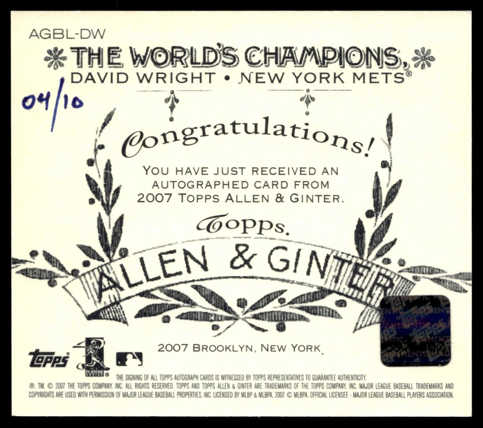 Autógrafos Topps Allen & Ginter 2007 #AGBL-DW David Wright N43 #/10 Foto 2 de 2