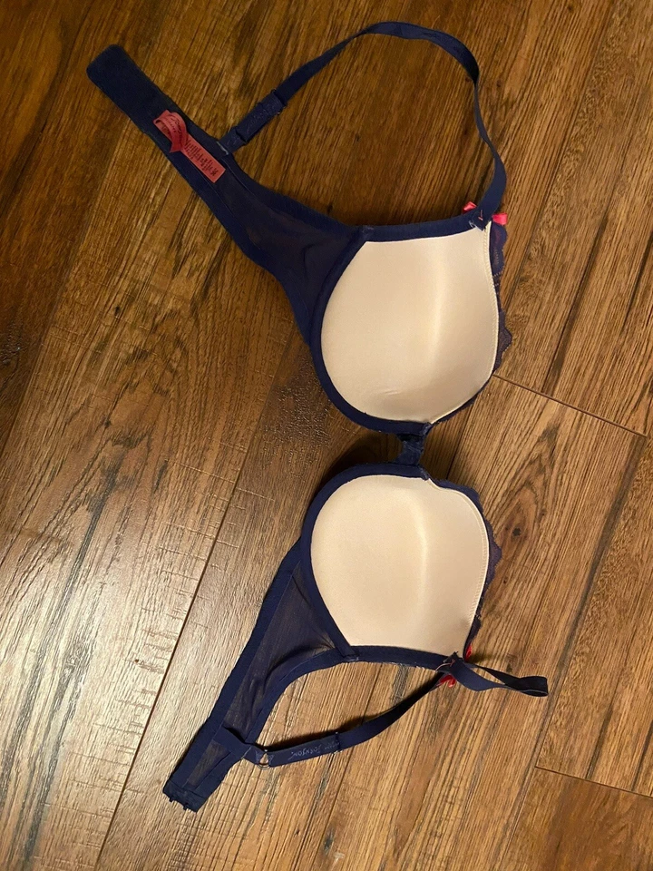 Betsey Johnson Intimates 36C Bra Push Up Blue Lace Overlay Pink Bows Underwire - Image 3 of 3