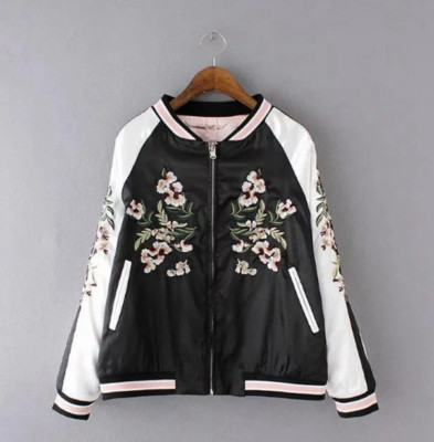 Womens Zipper Embroidered Casual Retro Baseball Coat Reversible Jacket Top