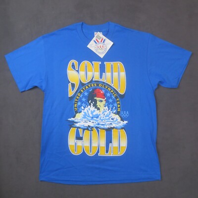 Vintage USA Olympic Team Shirt Mens Large Blue Solid Gold Swimming Single Stitch