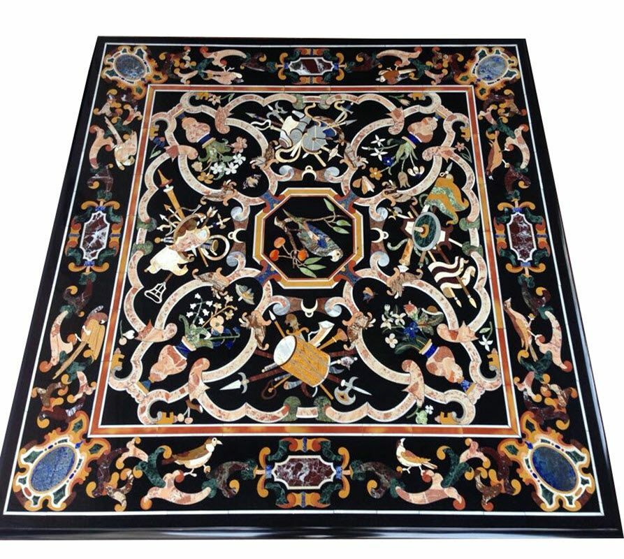 42-inch Handmade Marble Table Top with Semi-Precious Stone Inlay for Elegant Home Decor