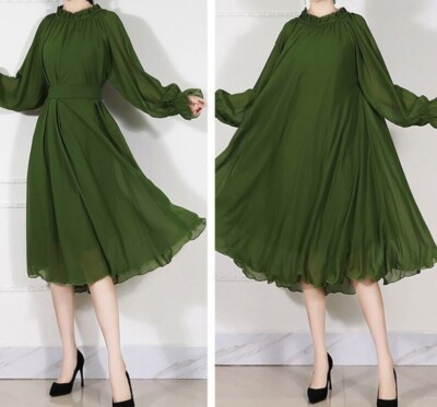 Maya Antonia Chiffon Midi Dress, Spring Green/Forest/Long  Sleeves/Flowy/Boho | eBay